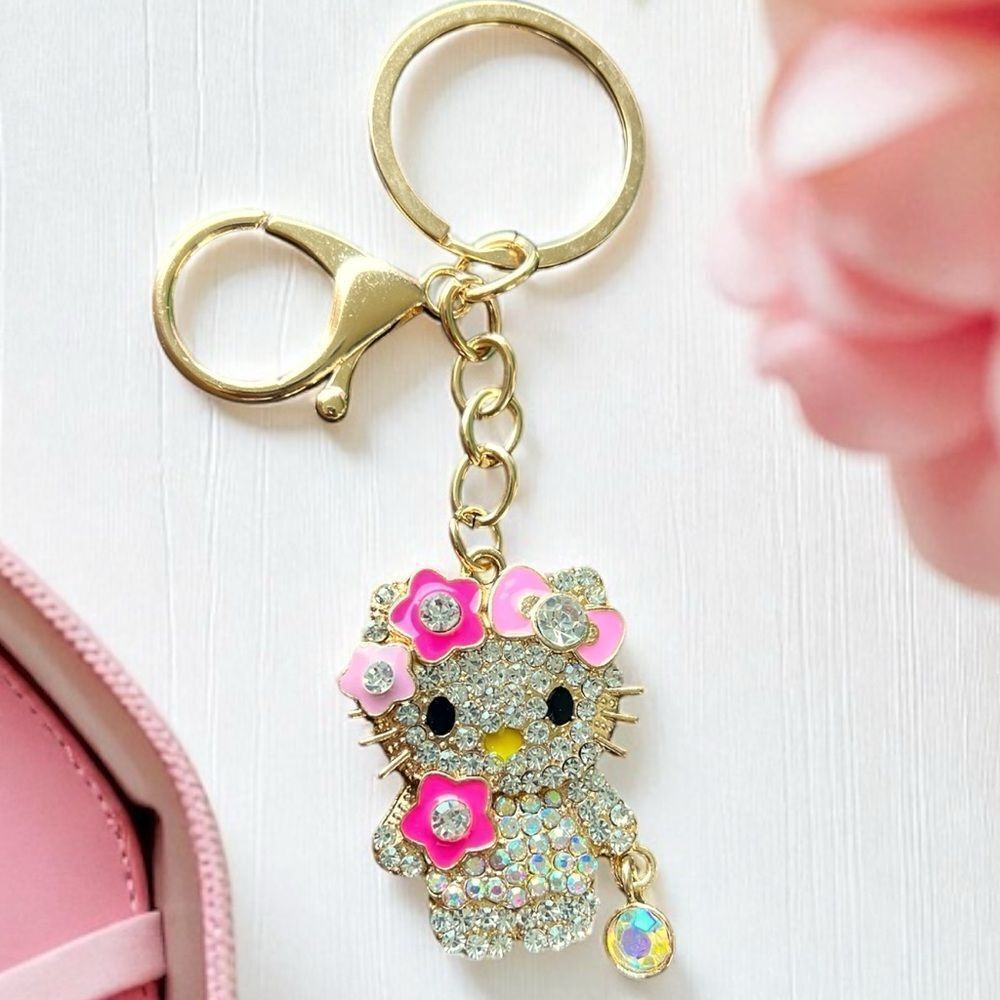 Cute Clear Crystal Flower Hello Kitty Keychain